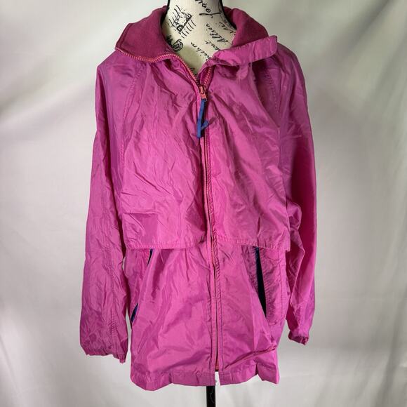 Eddie Bauer Sac‎ Jac 90s Hot Pink Windbreaker Jacket Full Zip Hood Packable L - Picture 1 of 8